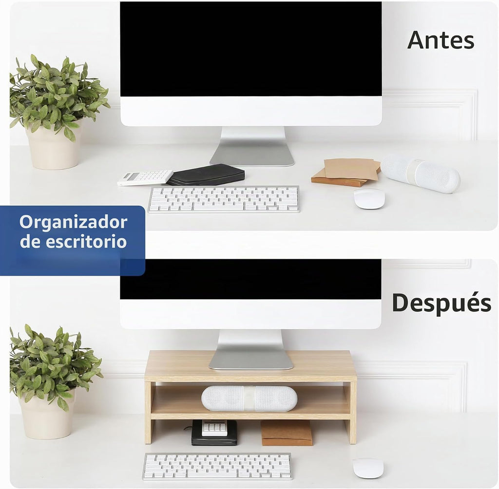 FITUEYES Soporte elevador de madera para monitor, estante de almacenamiento de escritorio de 2 niveles, roble