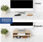 FITUEYES Soporte elevador de madera para monitor, estante de almacenamiento de escritorio de 2 niveles, roble