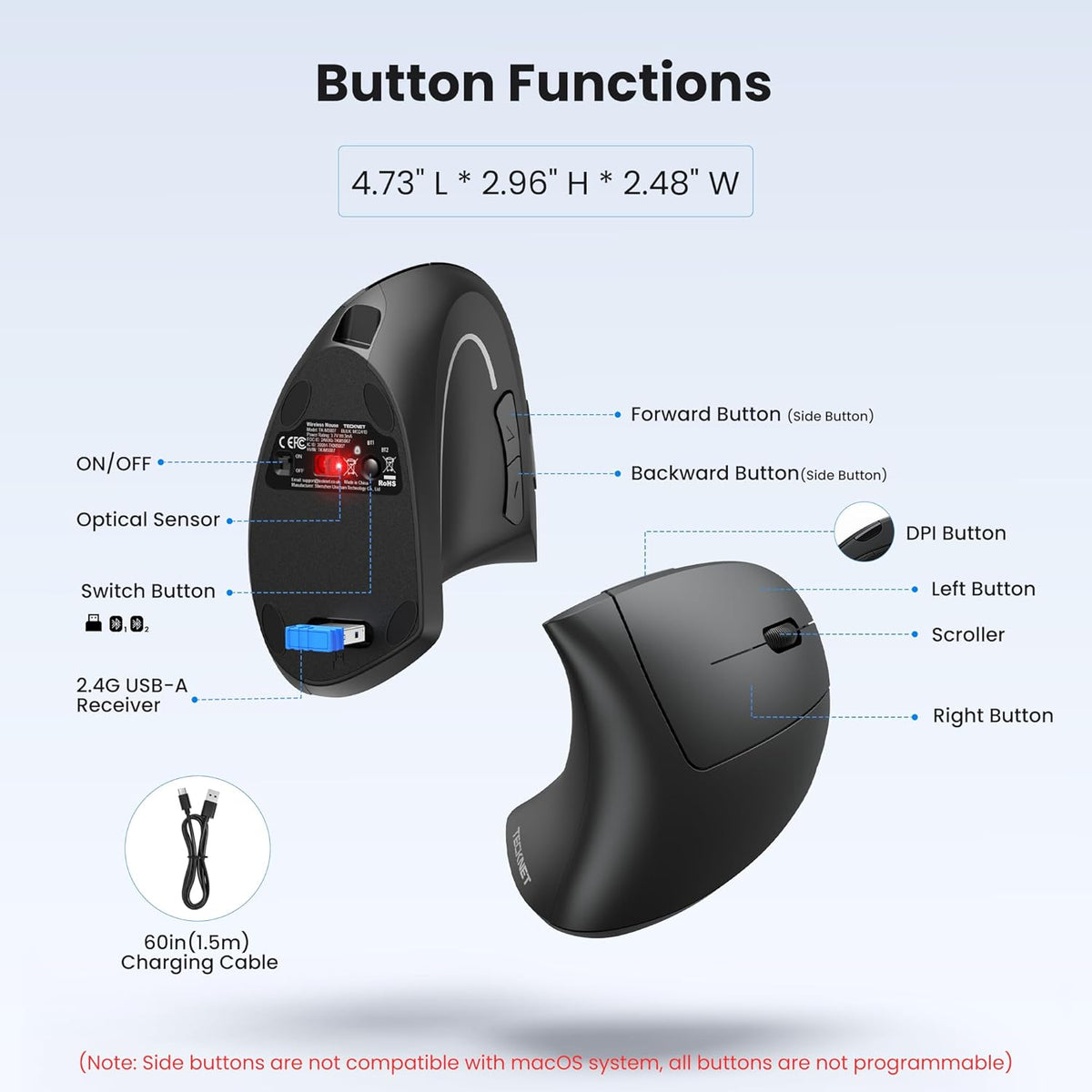 TECKNET Ratón Ergonómico, Ratones Verticales Recargables 2.4G+Bluet...
