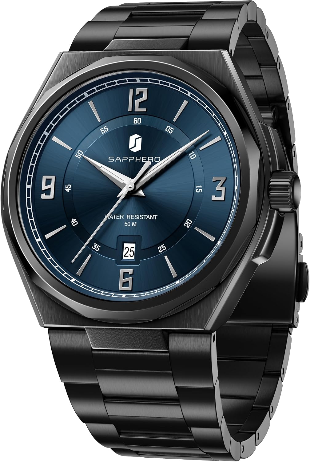 SAPPHERO Reloj para hombre con subesfera de fecha/esfera de números arábigos, cuarzo analógico, correa de acero inoxidable/piel, 164 ft impermeable, reloj de pulsera de vestir casual para trabajo de