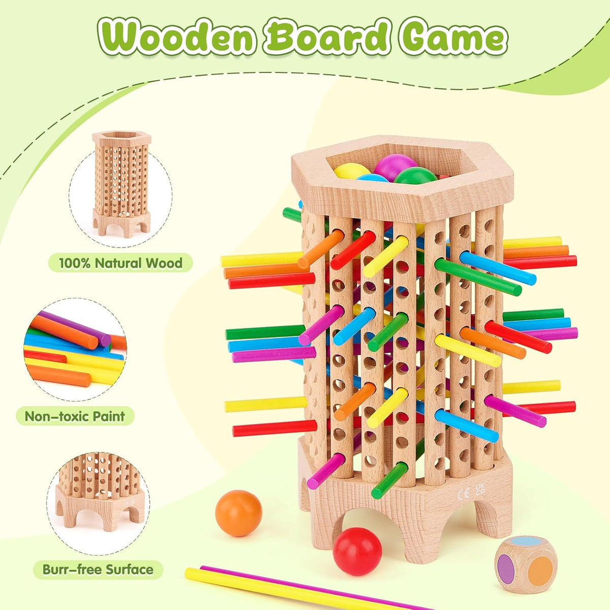 Montessori Juego de mesa de madera, juego de dados de 36 palos de madera coloridos