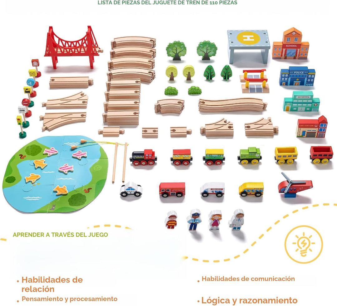 Tiny Land 110 piezas de juego de tren de madera \u2013 Tren de jugu...