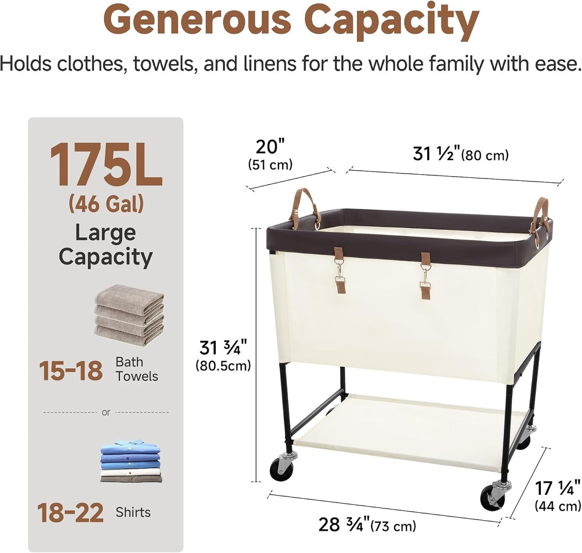 StorageWorks Carrito de Lavandería, Canasta Rodante de 2 Niveles con Ruedas, 46 Galones, Beige