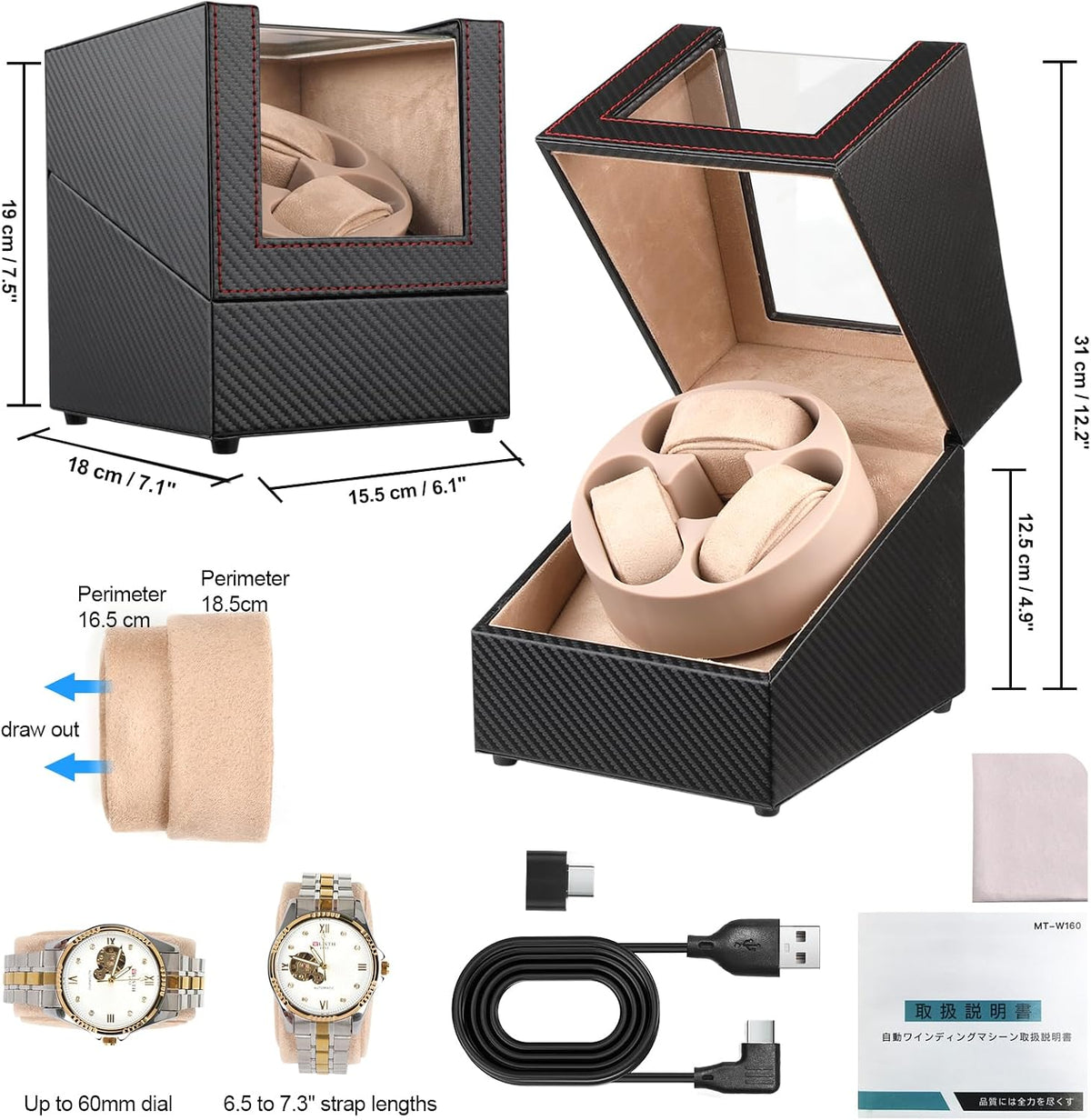 Watch Winder para 3 relojes automáticos, motor japonés silencioso