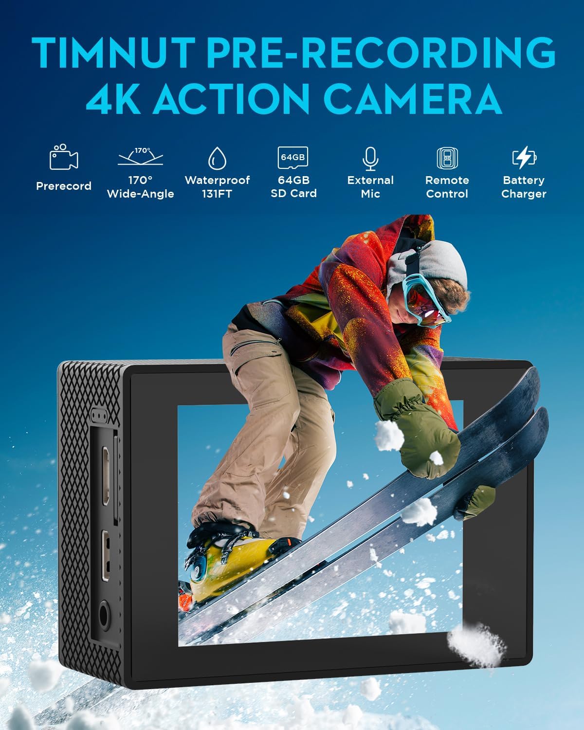 Cámara de acción 4K30fps con tarjeta SD de 64G, cámara HD impermeable de 131 pies, Negro