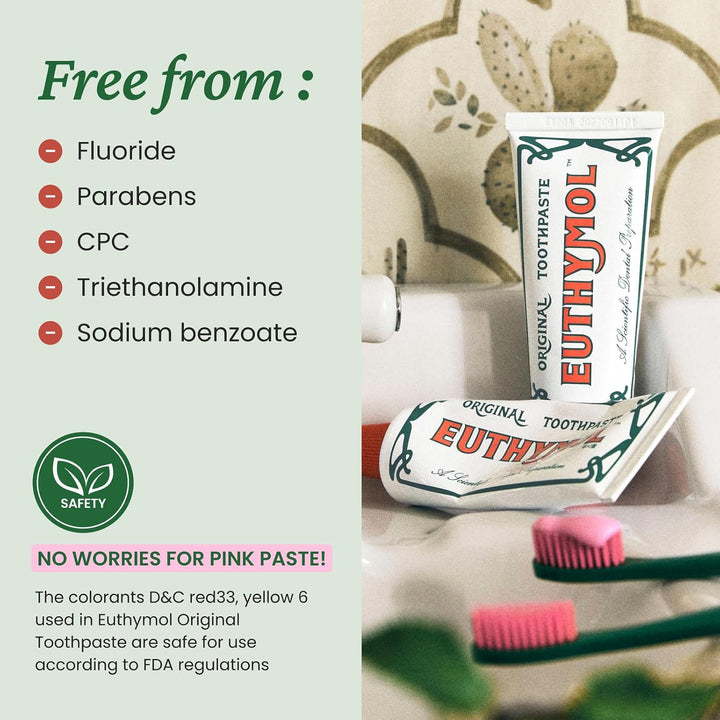 EUTHYMOL Pasta de dientes rosa original, sin flúor, 3.7 fl oz*5 (pa...