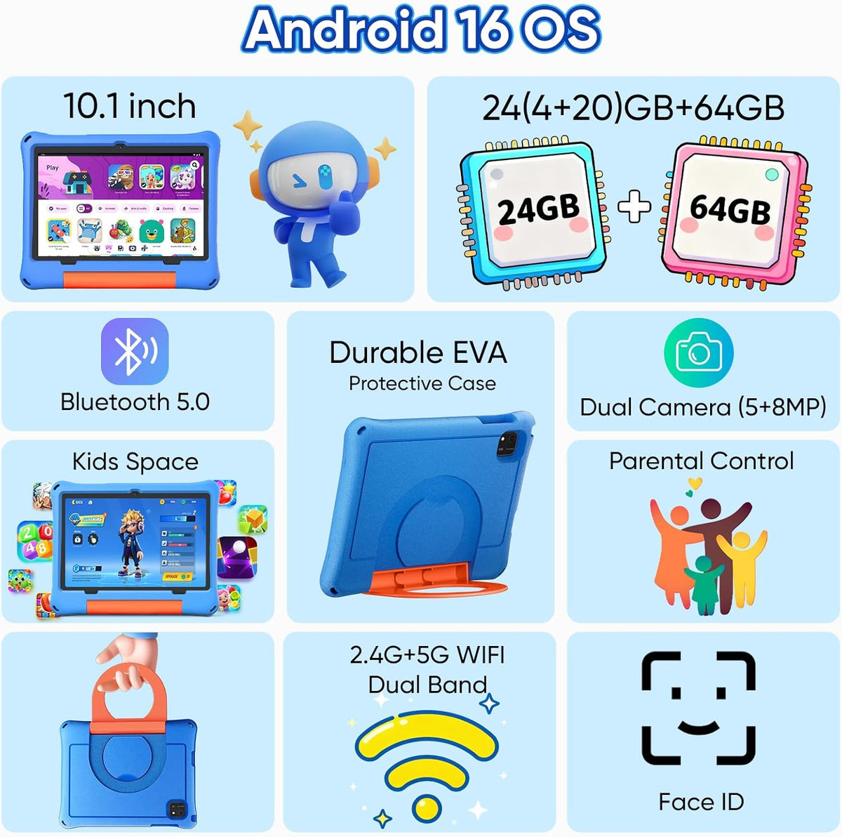 aiprotablet Tablet infantil de 10 pulgadas, tableta Android 16 para niños, CPU Octa-Core, Azul