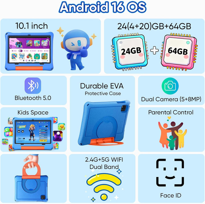 Tablet infantil de 10 pulgadas, tableta Android 16 para niños, proc...