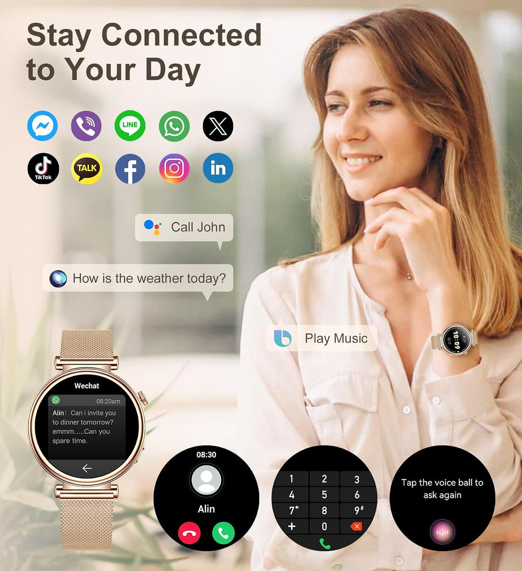 Iaret - Reloj inteligente para mujer, contestar/hacer llamadas, monitor de actividad física de 1.27 pulgadas con monitor de frecuencia cardíaca, sueño, SpO2, reloj inteligente para iPhone Android, más de 110 modos deportivos, elegante reloj para mujer