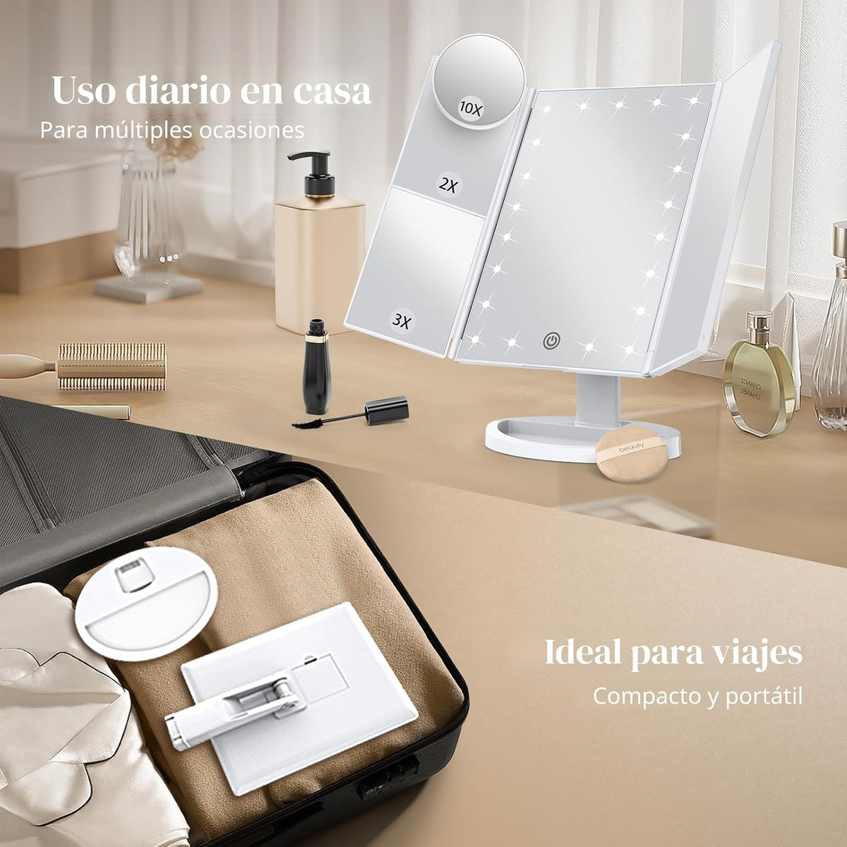 Espejo de tocador con aumento 2X/3X/10X con iluminación, espejo de maquillaje plegable trifold