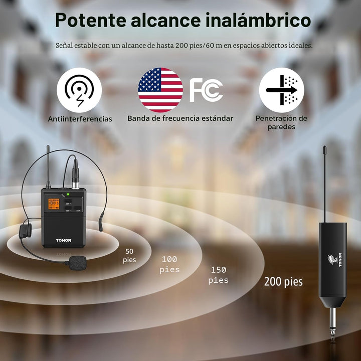 TONOR Sistema de micrófono inalámbrico UHF con micrófono de auricul...