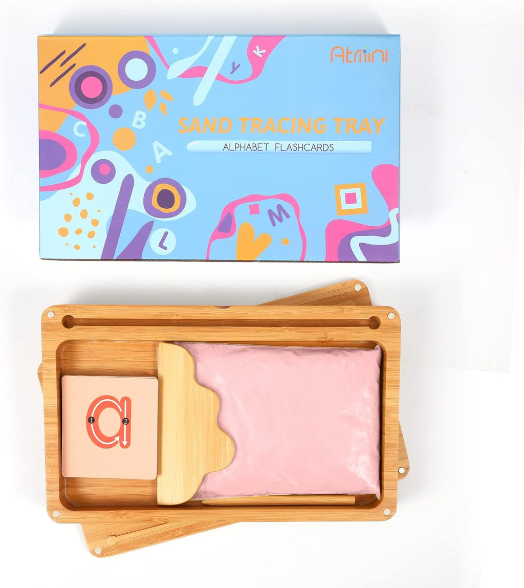 AtMini Montessori Bandeja de arena con tapa, bandejas de arena de madera para niños que escriben letras y números, imprescindibles para el aula preescolar, herramientas de aprendizaje de jardín de