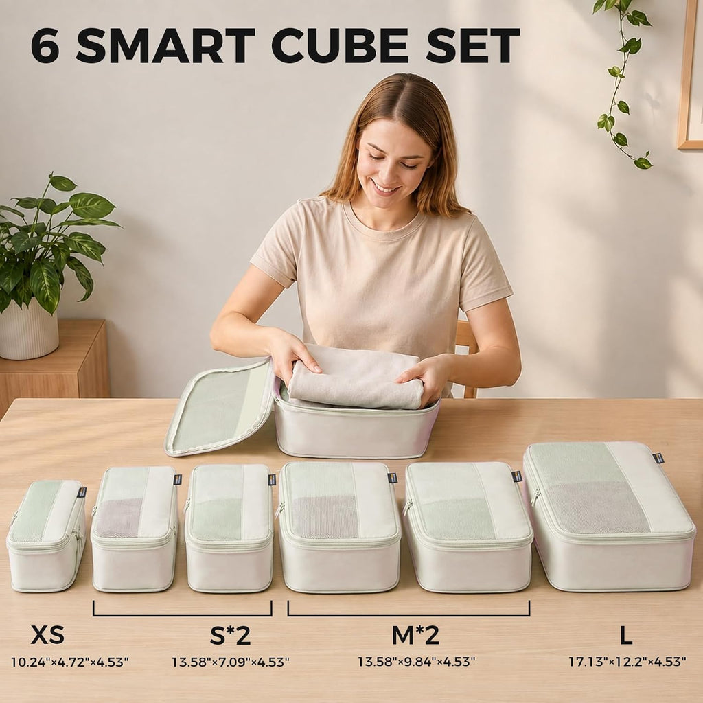 Cubos de embalaje de compresión para viajes, juego de 4 cubos de embalaje ligeros para maletas y mochilas, organizador que ahorra espacio para ropa, Blanquecino 6, Paquete de 6