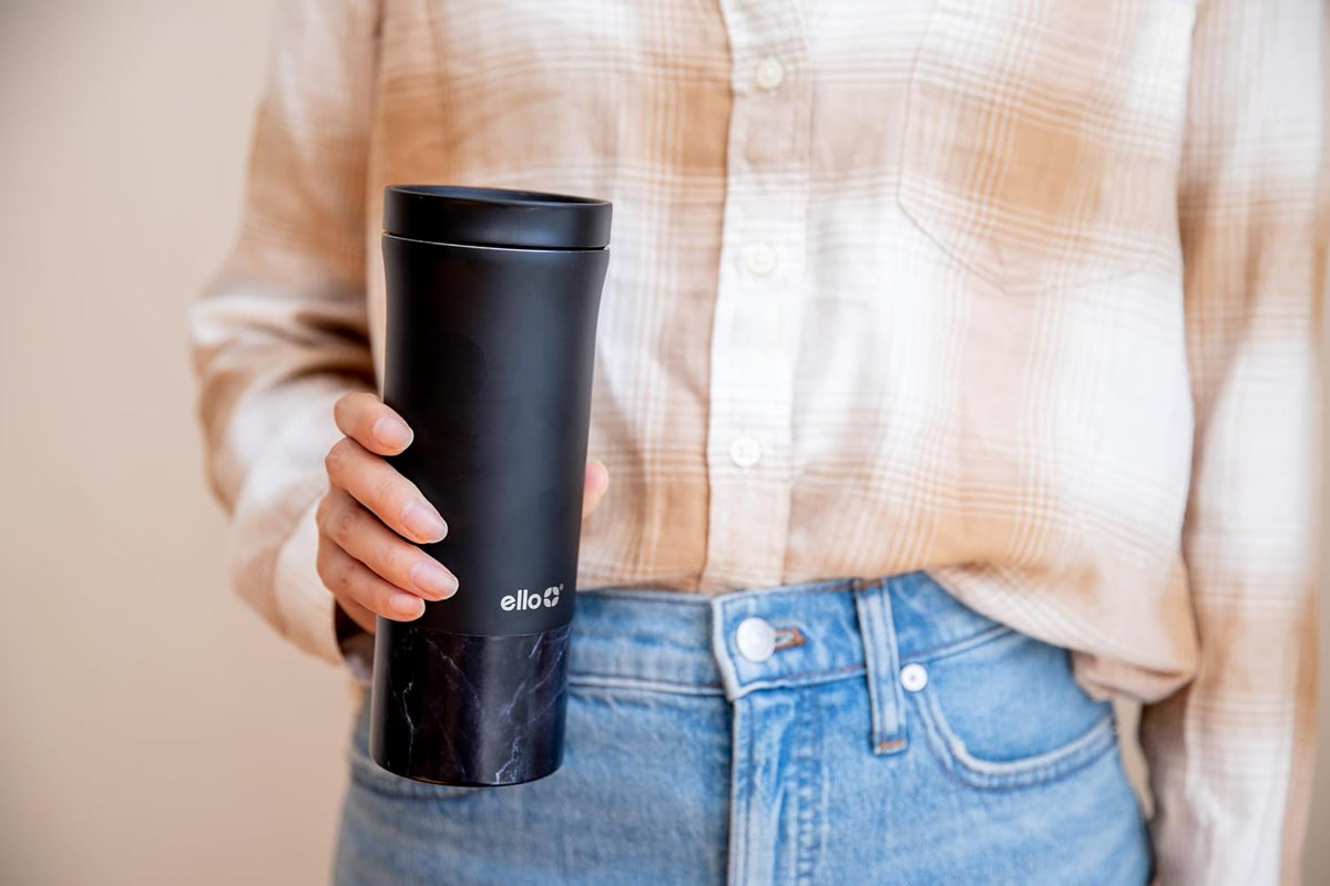 Ello Miri - Taza de café de viaje de acero inoxidable aislada al vacío, taza de té de viaje, 16 onzas, mármol negro