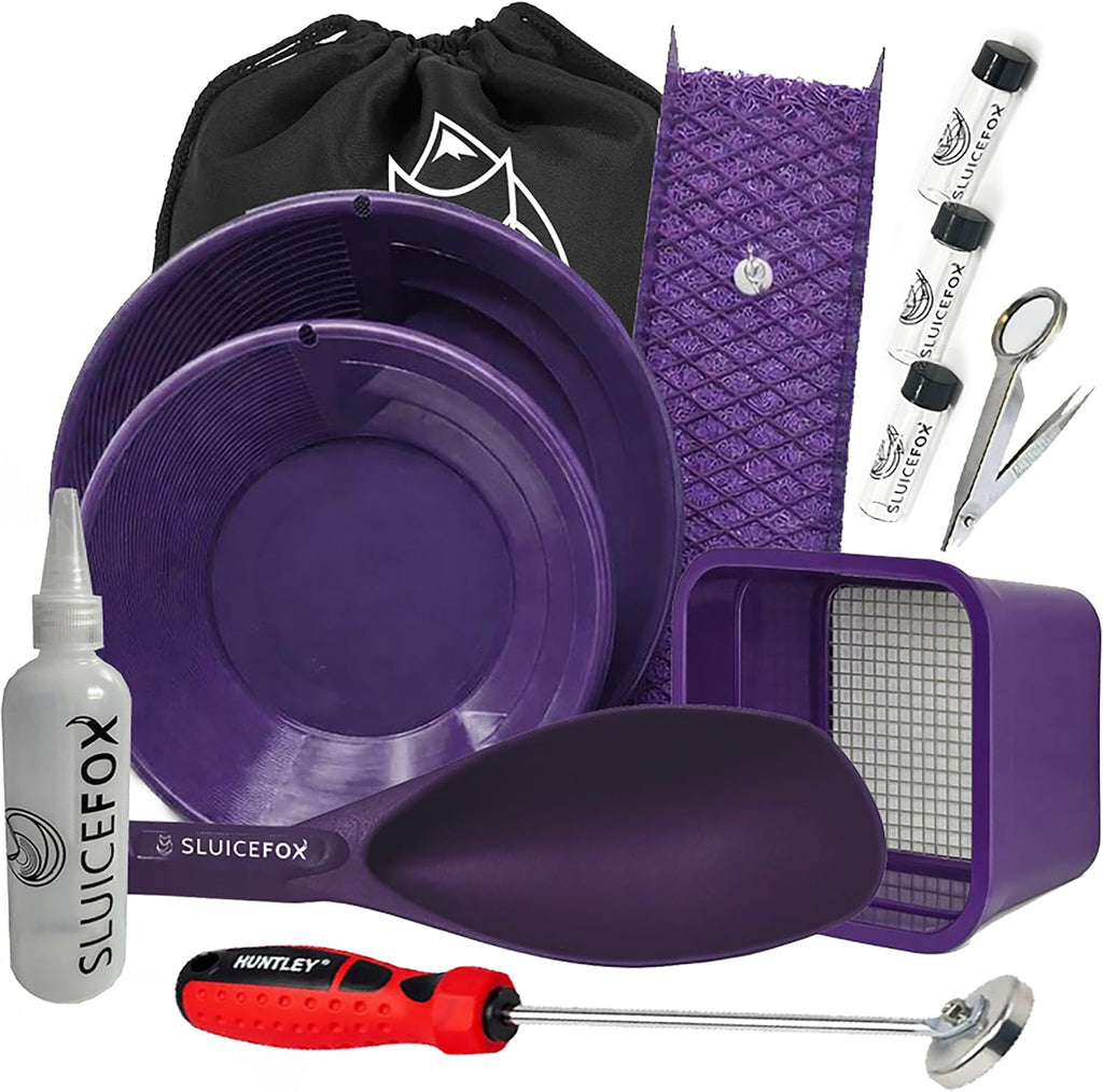Kit compacto de prospección dorada con caja de esclusa de bolsillo de 12 pulgadas, incluye musgo de minero, alfombrilla trampa dorada, bandeja clasificadora, viales y mochila de mano