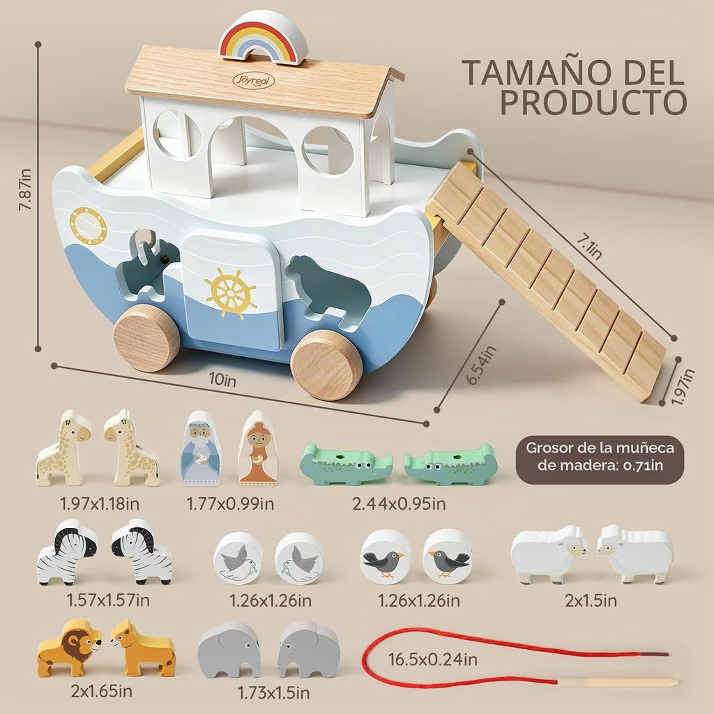 Joyreal Juguete de madera del arca de Noé para regalo de bautismo de bebé niño y niña de 1 año, juguete educativo Montessori de color neutro con clasificador de formas de animales, juguetes cristianos