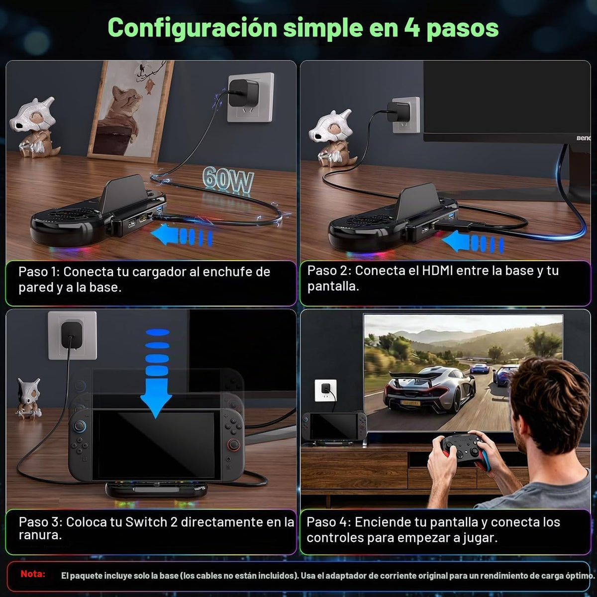 Estación de acoplamiento para Switch 2, estación de acoplamiento de TV portátil con salida HDMI 4K a 120Hz, USB-C y 2 puertos USB, iluminación RGB, compatible con Nintendo Switch 2