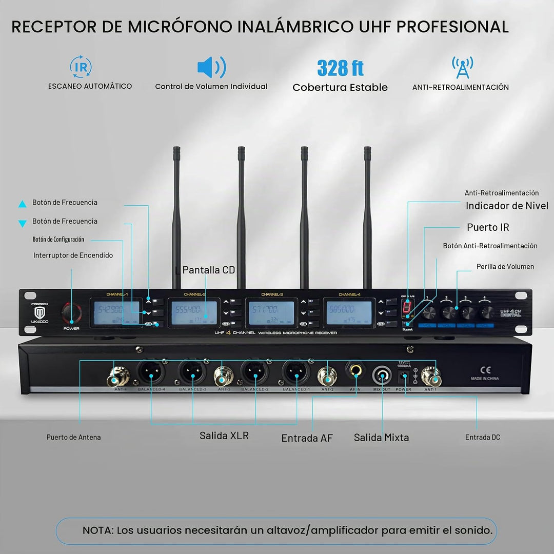 PRORECK UK-4000 UHF Sistema de micrófono inalámbrico de 4 canales c...