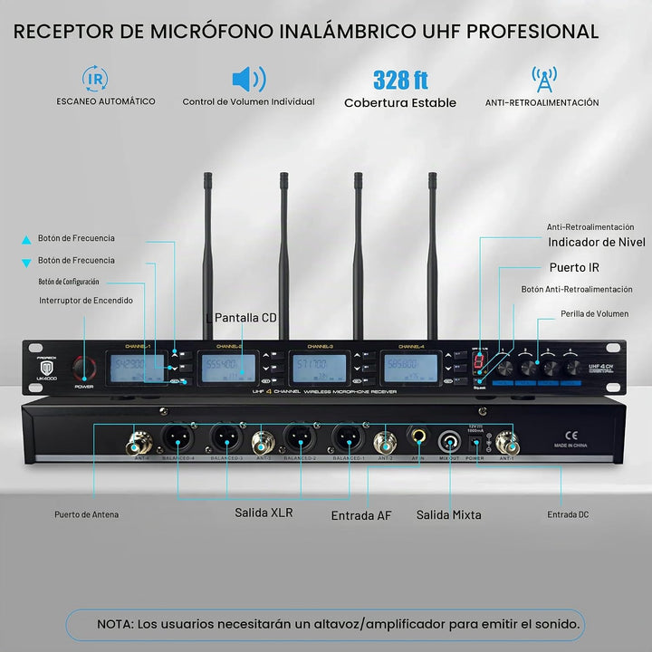 PRORECK UK-4000 UHF Sistema de micrófono inalámbrico de 4 canales c...