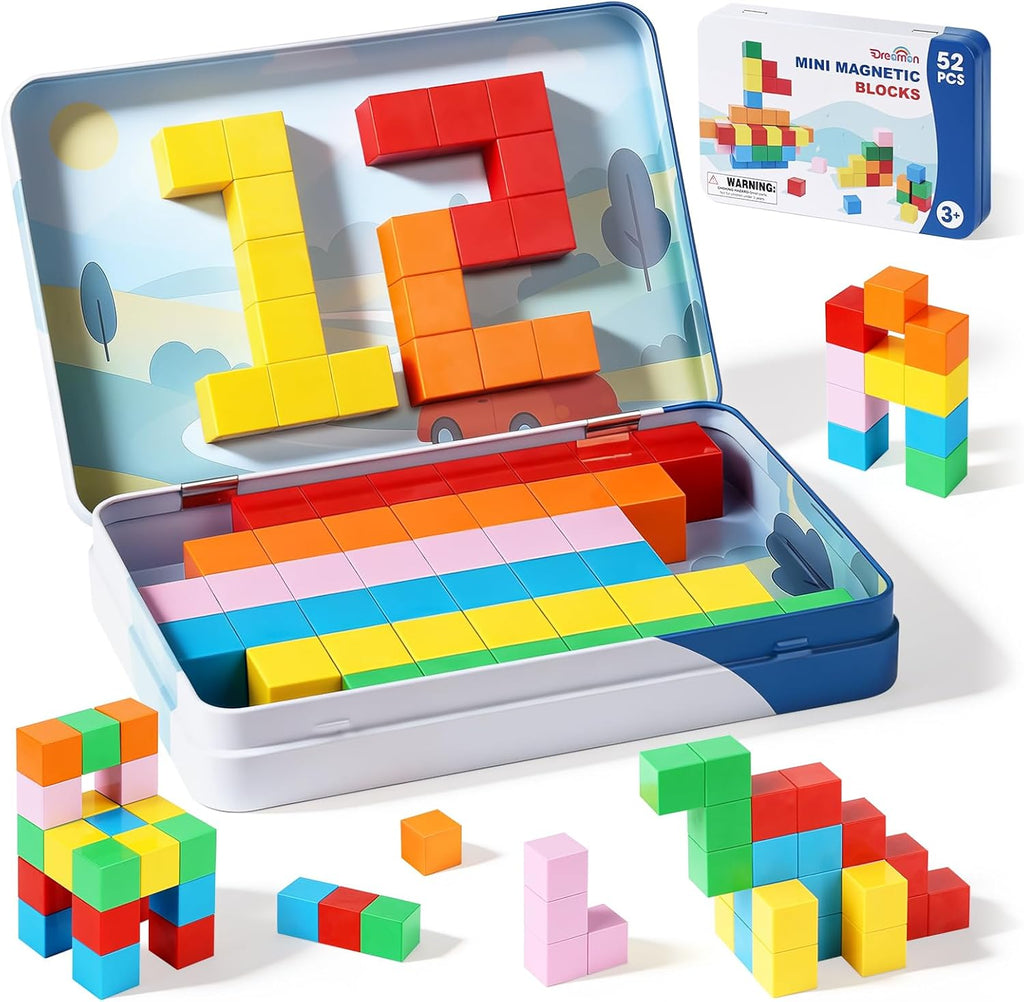 52 bloques magnéticos con caja de metal, mini cubos de construcción de 0.8 pulgadas, juguete de viaje