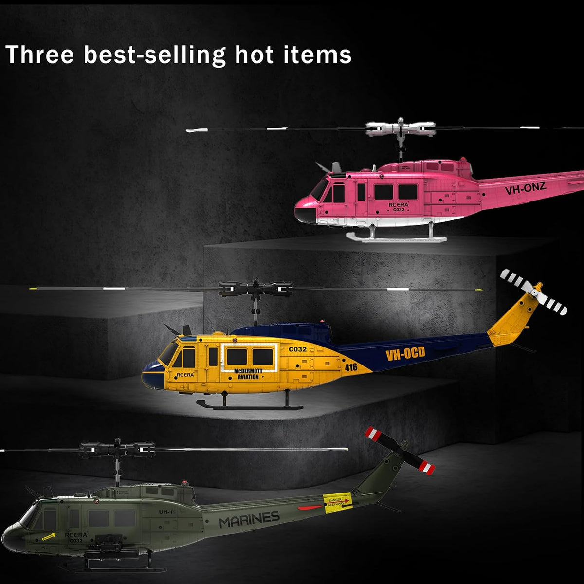 RC ERA C032 UH-1 Huey Helicóptero - Helicópteros a Control Remoto para Adultos, Escala 1/48 2.4G 6CH Avión Estabilizado con Giroscopio con Mantenimiento de Altitud y Flujo Óptico, Dron de