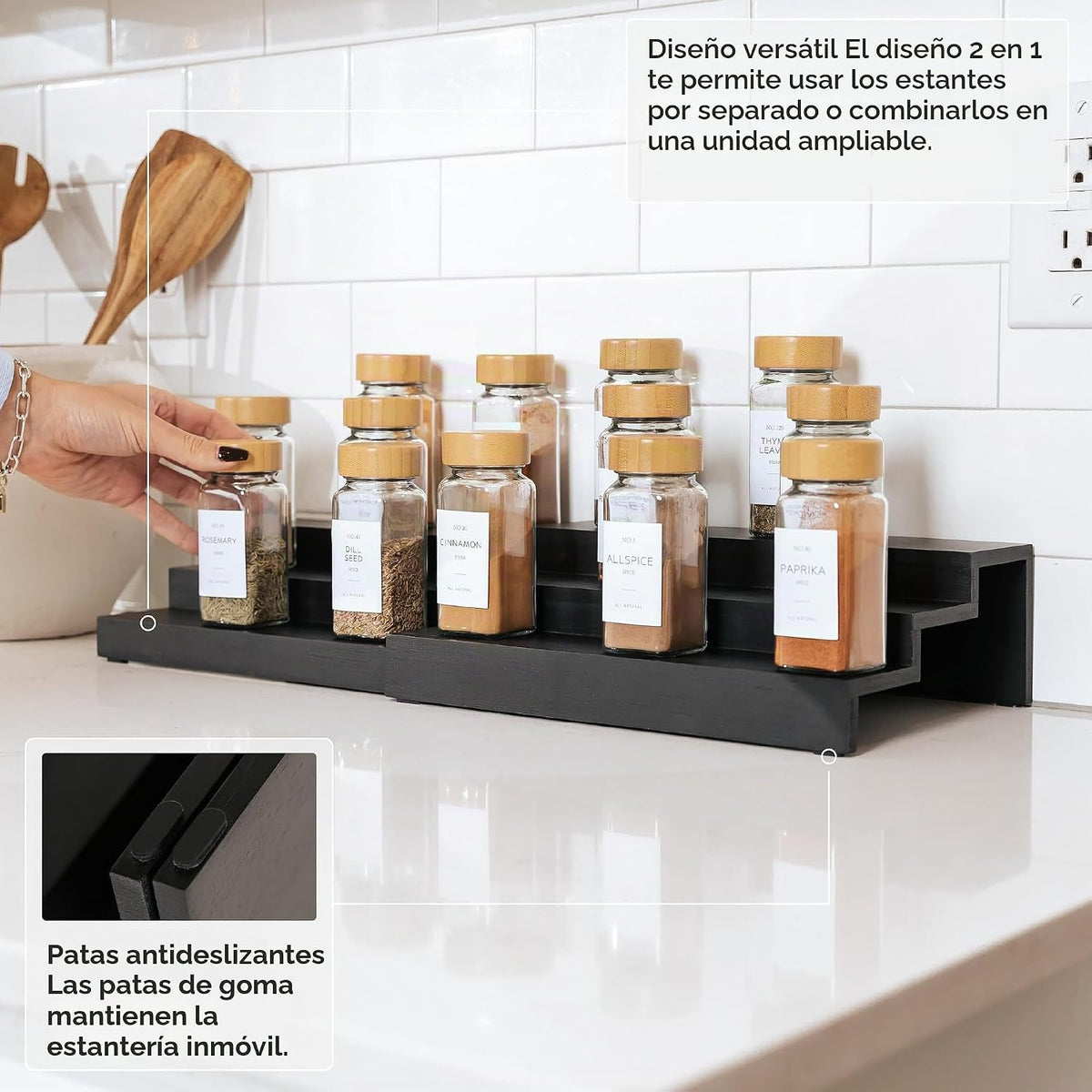Organizador de especias expandible de 3 niveles, color negro