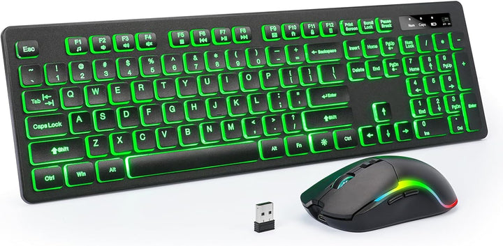 Teclado y mouse iluminados inalámbricos, brillo y color ajustables,...
