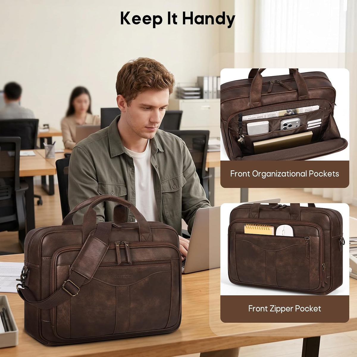 RAINSMORE Bolso de mensajero para hombre 16 pulgadas Vintage PU cuero