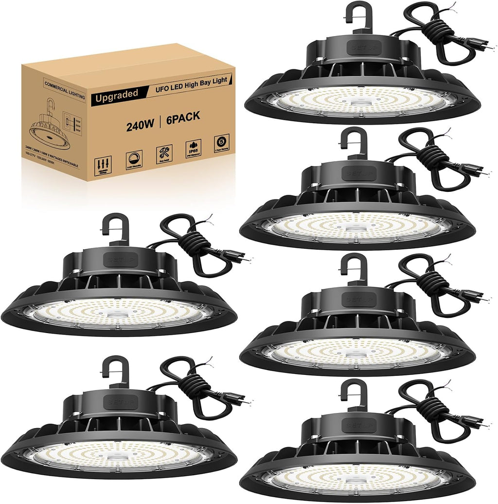 Paquete de 6 luces LED UFO de alta bahía de 240W, luz LED de alta bahía para tienda de 36,000 lúmenes, 0-10V regulable, cable de 5 pies con enchufe de EE. UU., gancho para colgar, cuerda de