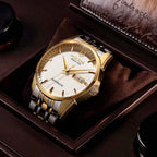 ROCOSJEWE R0101 Reloj Automático Mecánico para Hombre de Lujo Dorado Reloj Clásico Retro Correa de Cuero Marrón Impermeable Regalo para Hombre Moda Negocios
