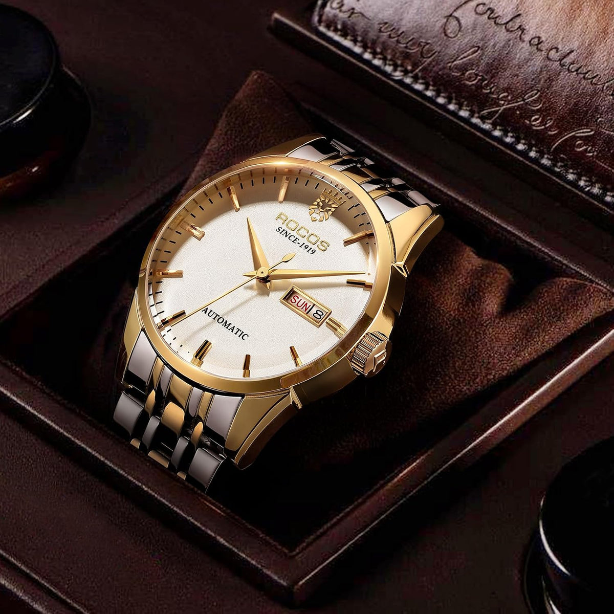 ROCOSJEWE R0101 Reloj Automático Mecánico para Hombre de Lujo Dorado Reloj Clásico Retro Correa de Cuero Marrón Impermeable Regalo para Hombre Moda Negocios