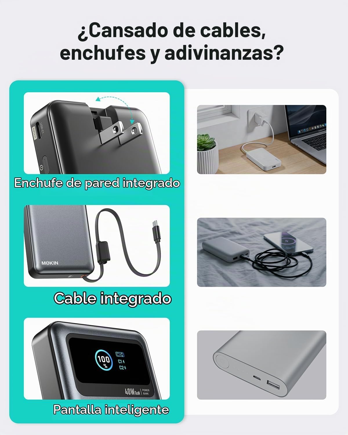 MOKiN Banco de energía 3 en 1, cargador portátil de 10000 mAh 40 W...