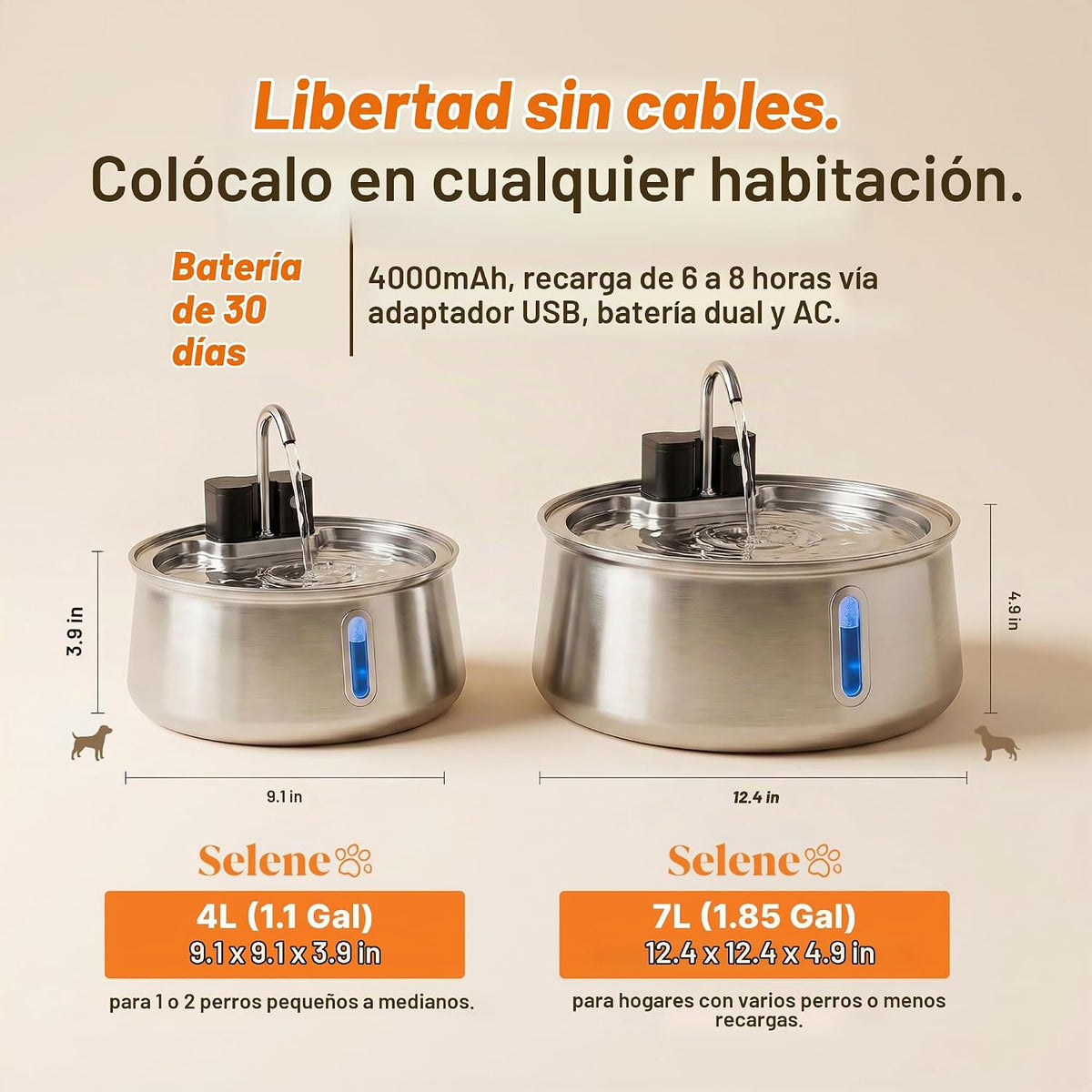 Selene - Fuente inalámbrica para perros, fuente de agua inalámbrica para perros en el interior, fuente de acero inoxidable para mascotas, filtración de 4 capas, batería de 30 días