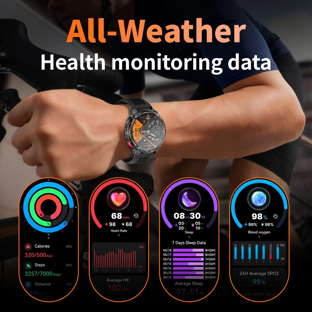 Reloj inteligente para hombre para teléfonos Android y iPhone, relojes inteligentes deportivos militares para hombres, reloj de seguimiento de actividad física con linterna/brújula/impermeable/batería