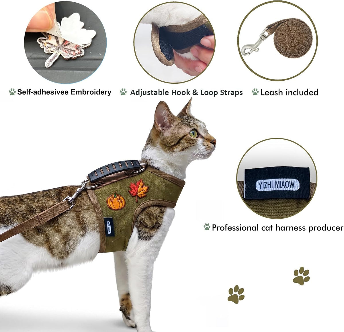Juego de arnés y correa para gatos para caminar, color verde profundo, XXL