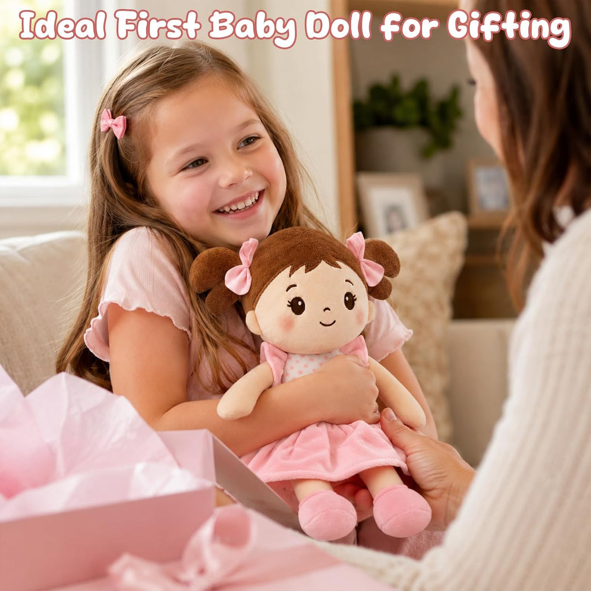SQEQE Muñeca de bebé suave, muñecas de trapo de felpa de 11 pulgadas para regalo de cumpleaños de niña de 1 año, primeros juguetes de muñecas de bebé para niños pequeños, cabello castaño