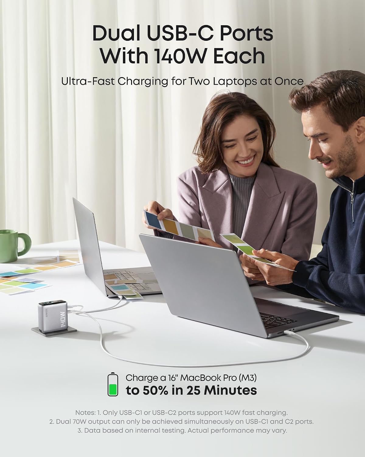 Anker 140W Max Bloque de Carga GaN de 4 Puertos, Pantalla Inteligente para Cargador de MacBook