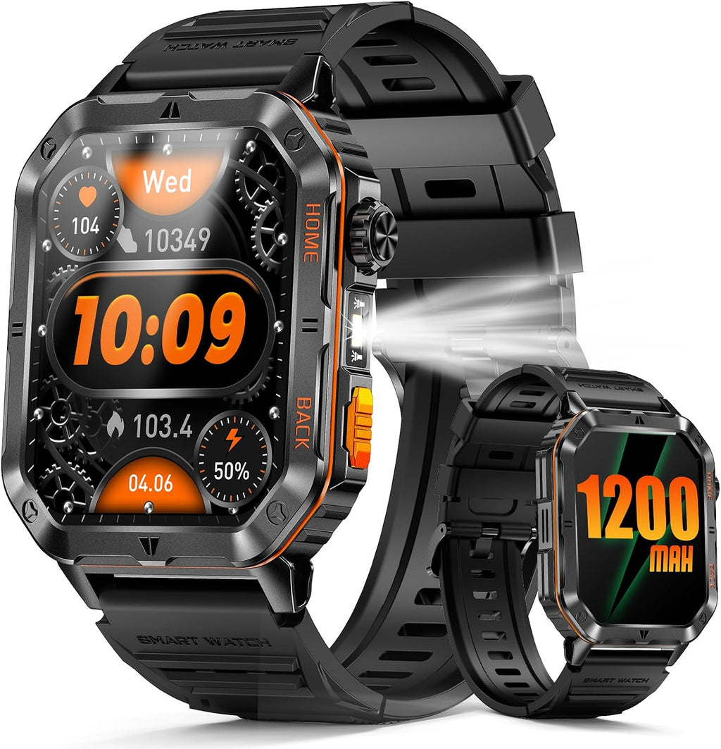 Military Smarty Watch para Hombres, Reloj Inteligente de 2.01" con Batería de 1200mAh, Linterna, Llamadas Entrantes/Salientes, Monitor de Ritmo Cardíaco/Sueño, 100+ Modos Deportivos, Fitness Tracker para Android/iPhone