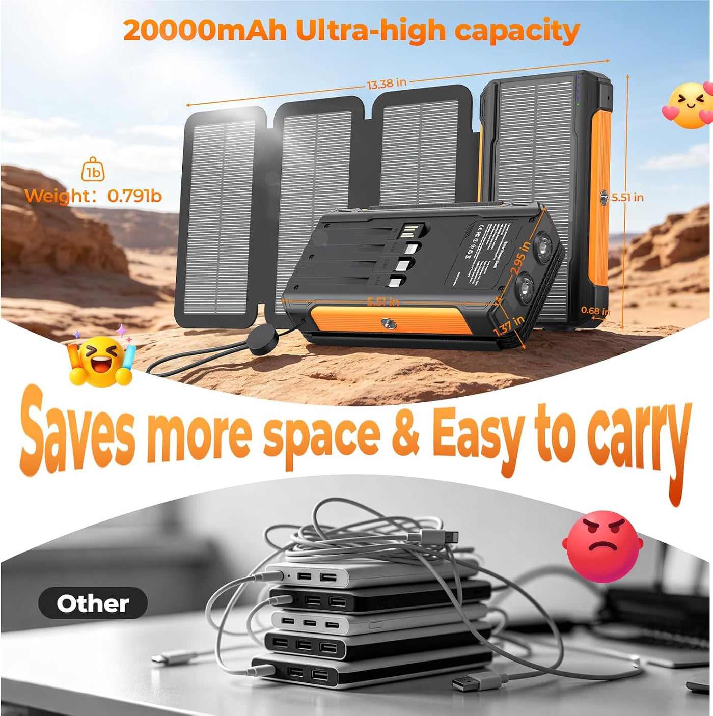 Cargador solar de 20000 mAh, cargador portátil integrado con 4 cabl...
