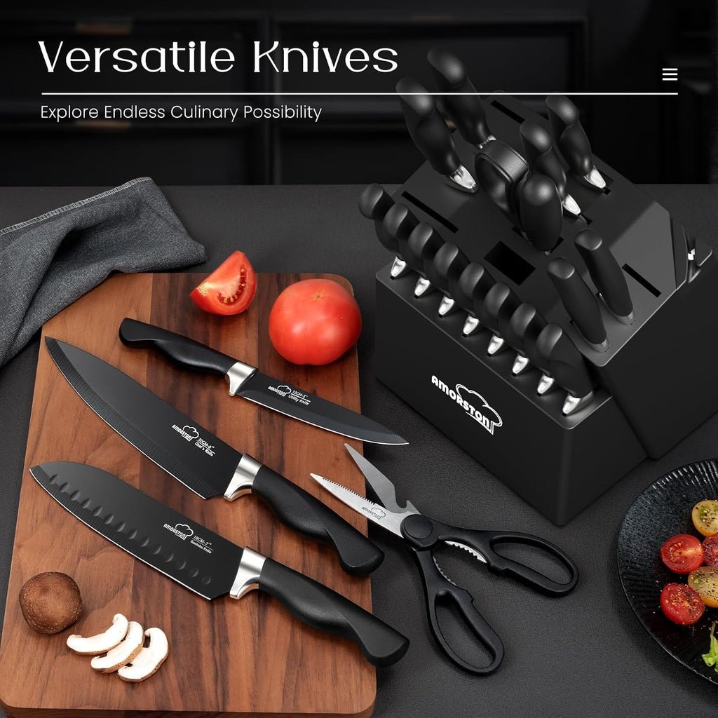 Juego de cuchillos de cocina de 21 piezas con bloque y afilador, juego de cuchillos ultra afilados con asas ergonómicas, juego de bloques de cuchillos de acero inoxidable alemán negro, apto para lavavajillas