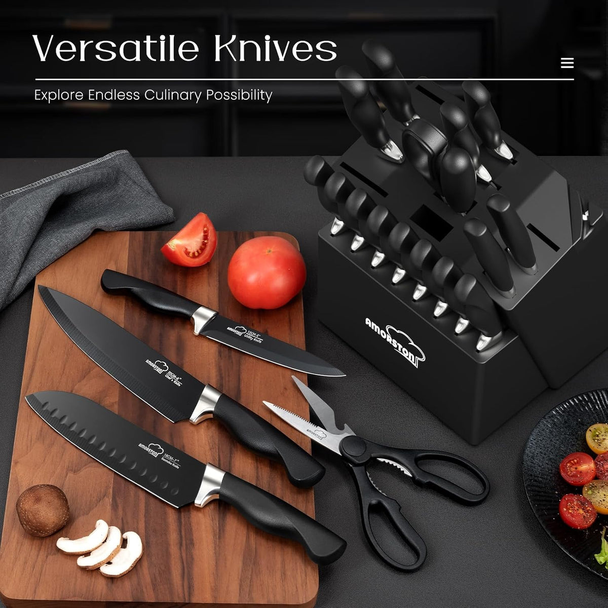 Juego de cuchillos de cocina de 21 piezas con bloque y afilador, juego de cuchillos ultra afilados con asas ergonómicas, juego de bloques de cuchillos de acero inoxidable alemán negro, apto para lavavajillas