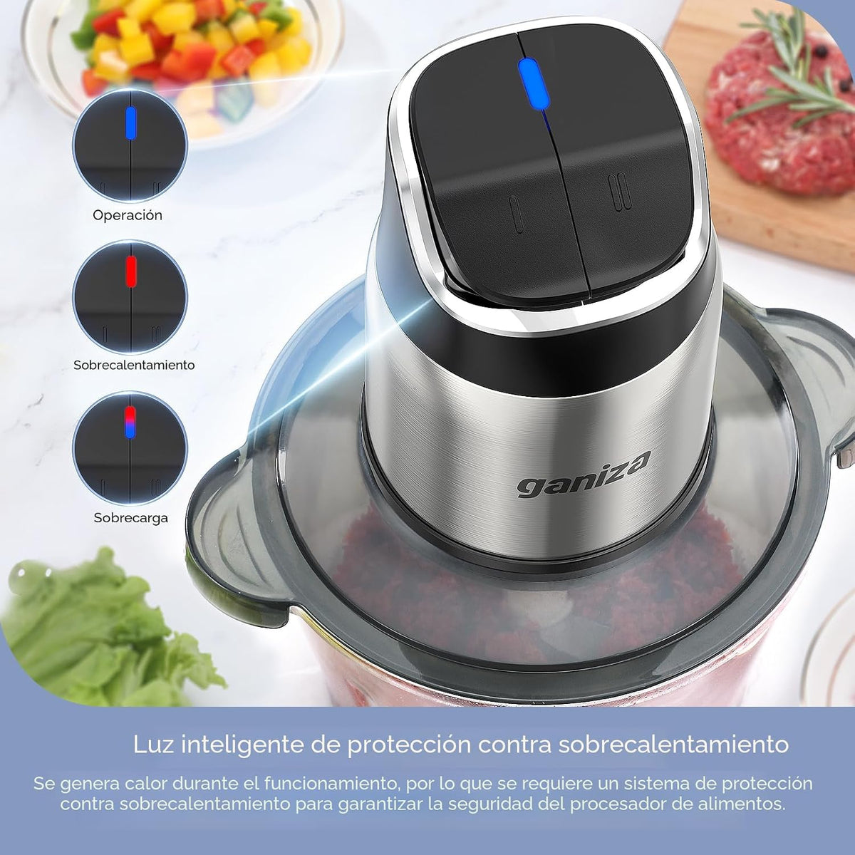 Ganiza - Procesador de alimentos con cuencos dobles, picadora de alimentos de 2 velocidades y picadora de carne