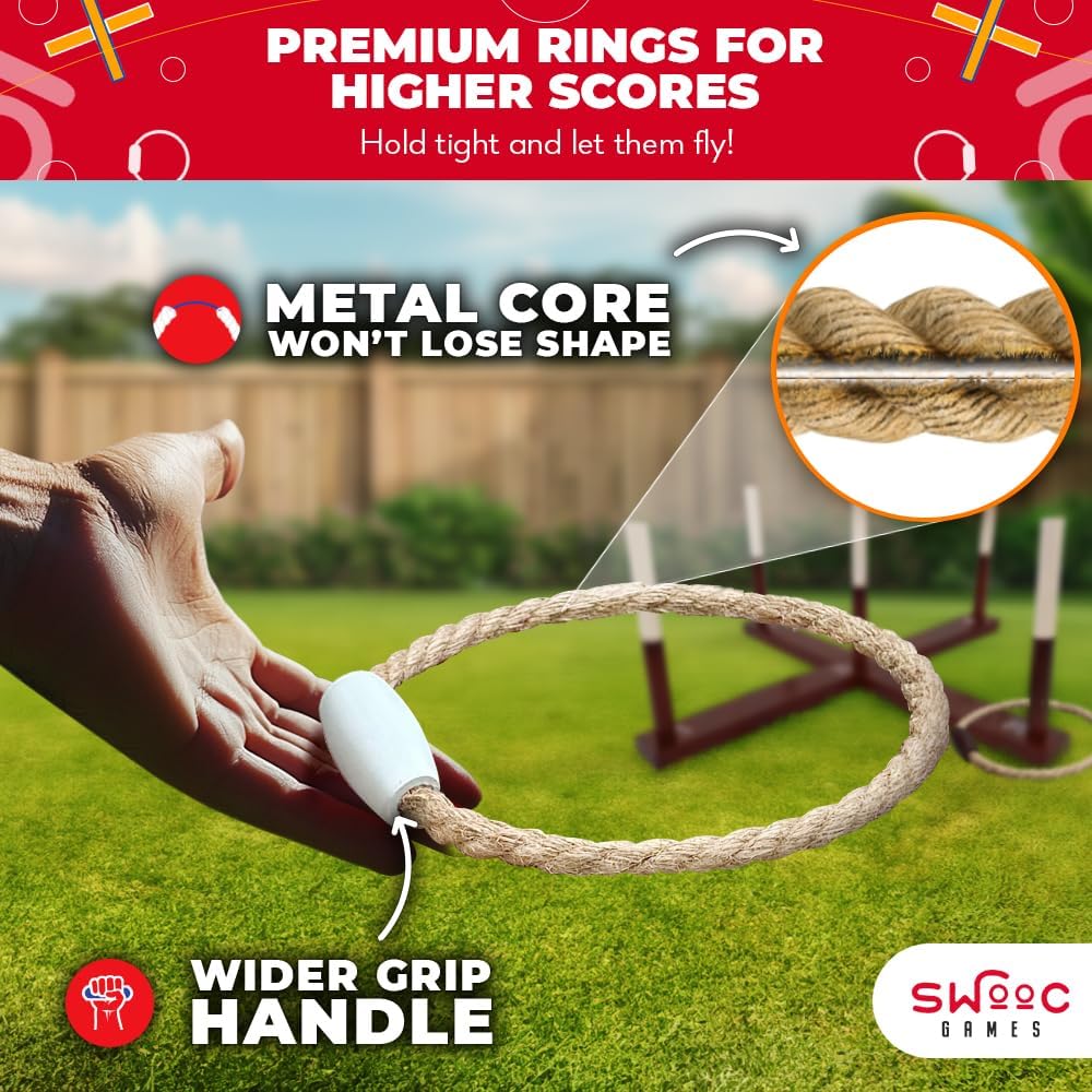 Swooc Juegos - Juego rústico de lanzamiento de anillos (todo tipo de clima) - Fácil configuración y juegos adicionales incluidos - Juego de lanzamiento de anillos para adultos - Actividades al aire