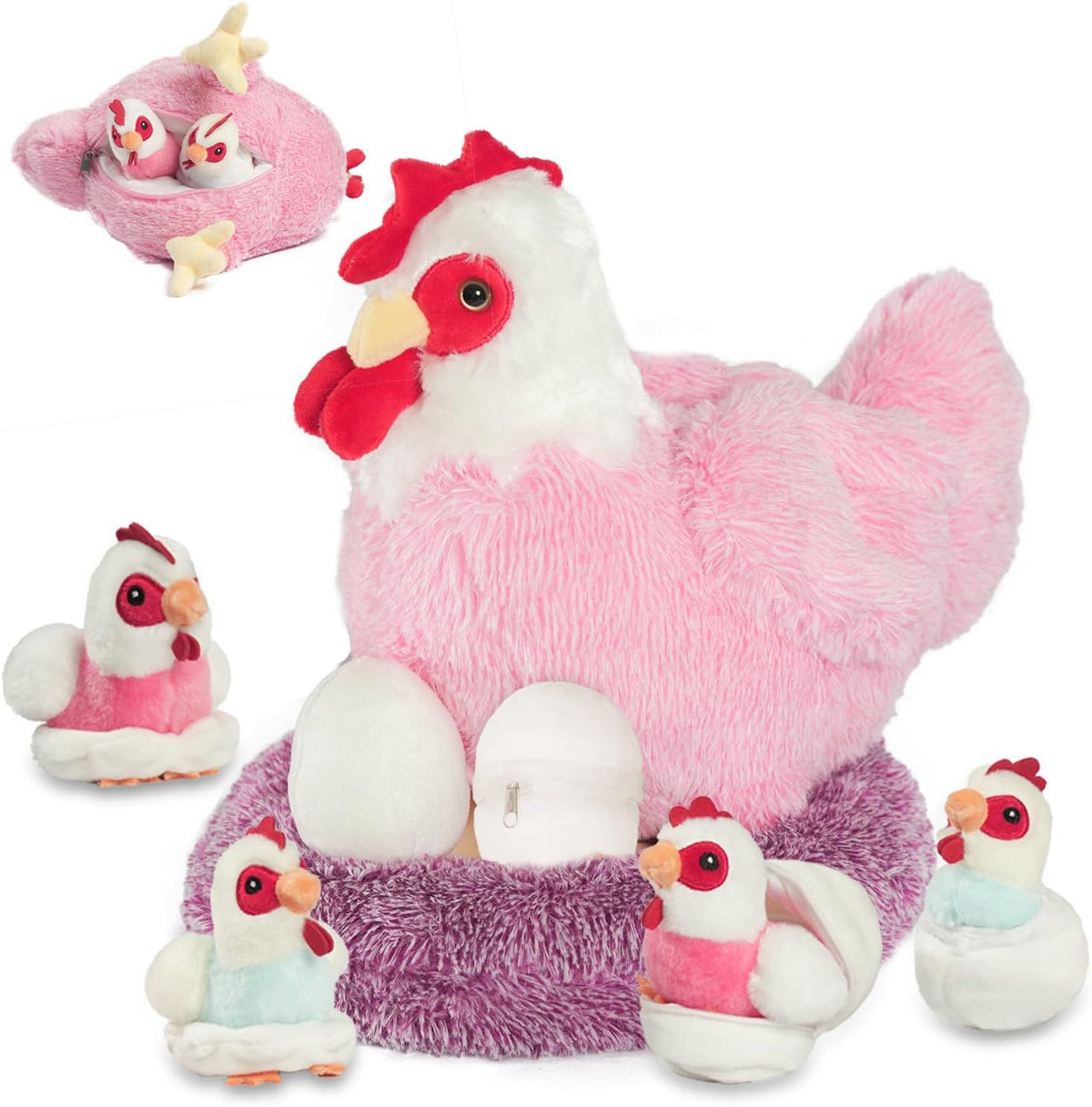 Juego de animales de peluche de pollo 9 en 1, juguete de peluche de gallina ponedora de huevos con cremallera y pollitos de juguete, pollos, huevos y gallinero, juguetes para niños pequeños, decoración de granja de cumpleaños