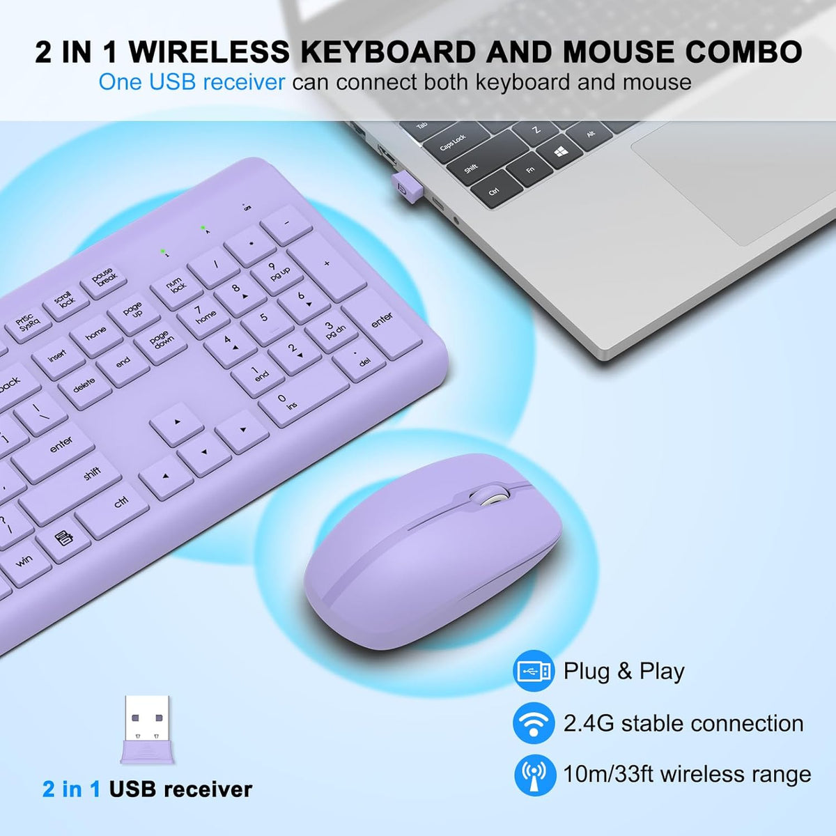 Combo de teclado y mouse inalámbricos, teclado ergonómico silencios...