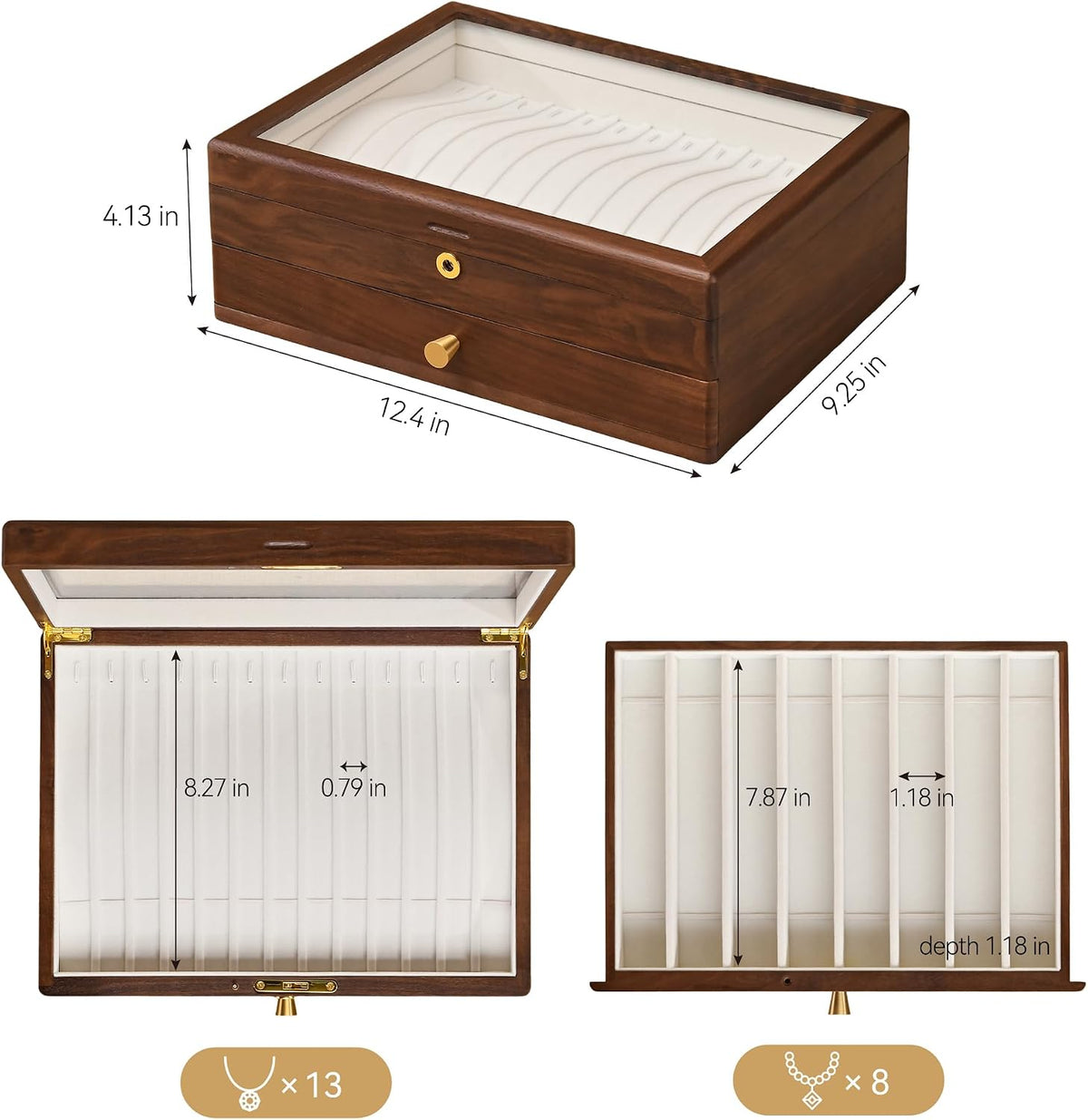 Caja de collar con cerradura de nogal negro, caja organizadora de joyas de