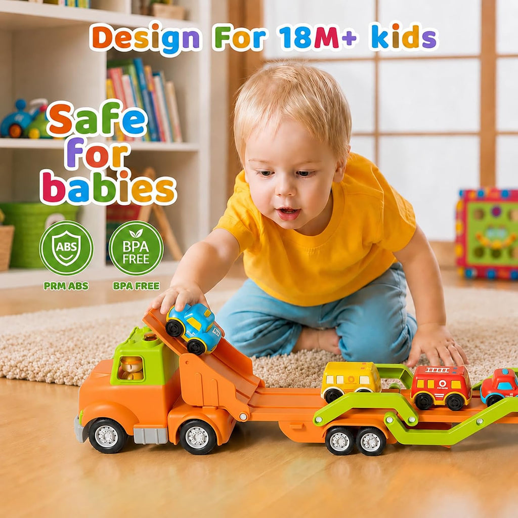 Juguetes para niños de 2, 3, 4, 5 años, camión transportador de coche de juguete con 6 vehículos, remolque plegable de 30 pulgadas con efectos de luz y sonido, regalo de cumpleaños para niños