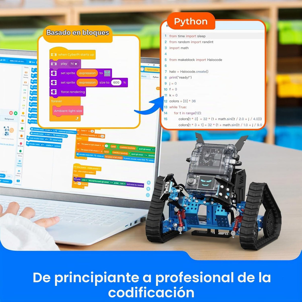 Makeblock mBot2 Rover Emo Robot Programación para niños, kit de robótica interactiva de aprendizaje y juego al aire libre, codificación de control remoto para niños de 8 a 12 años en adelante