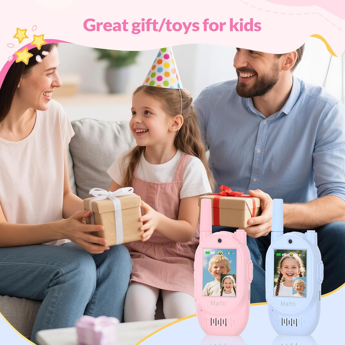 Mafiti Walkie Talkies de video para niños, paquete de 2 juguetes recargables de 1000 pies de largo alcance, regalos de cumpleaños para niños y niñas de 3, 4, 5, 6, 7, 8 años (azul + rosa)