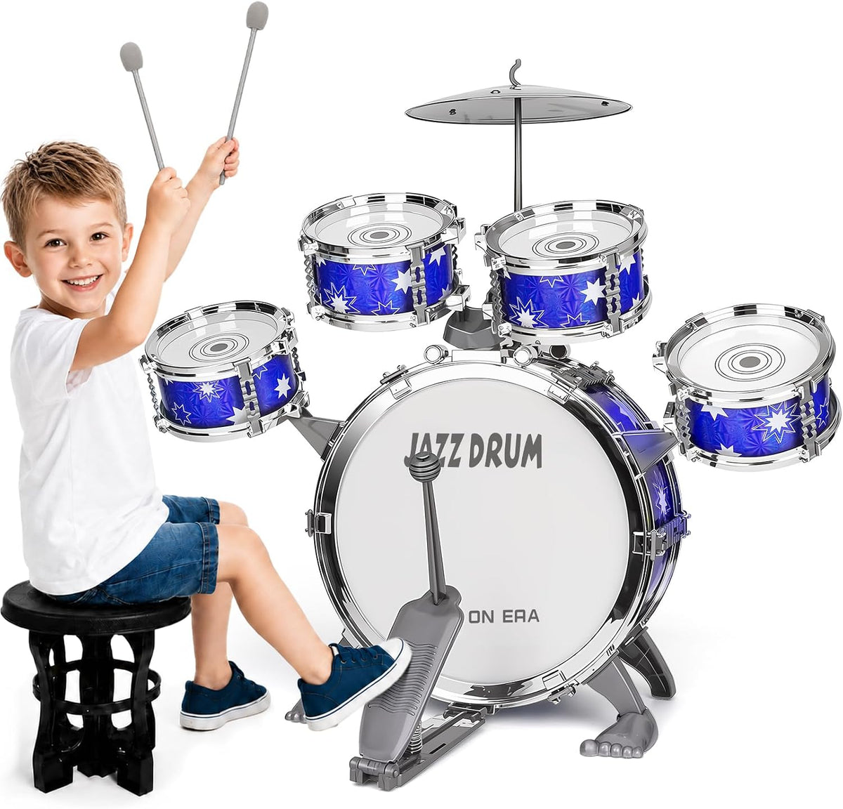 Juego de batería mejorada para niños de 3 a 5 años, kit de batería de jazz con taburete, platillo y pedal de pie, juguetes musicales para niños y niñas, regalos de cumpleaños